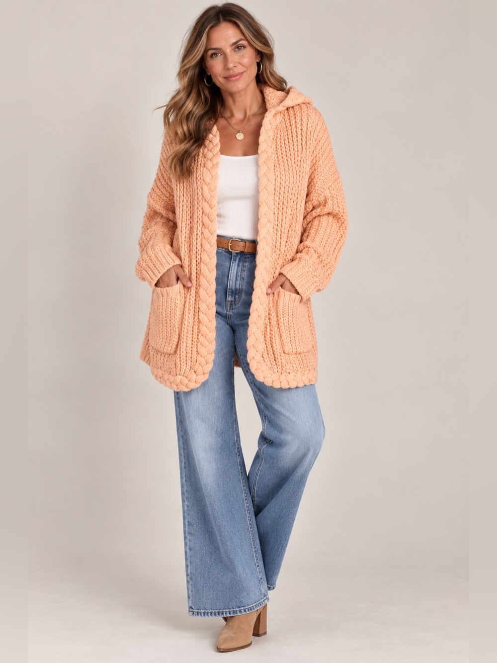 Cable Knit Hooded Cardigan with Braid Trim & Pockets – Peach - Picture 3 of 7